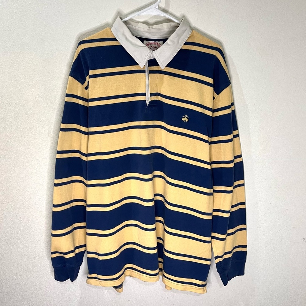 Vintage Brooks Brothers Long Sleeve Striped Rugby Polo Shirt Yellow Blue 2XL